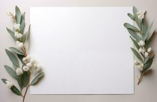 blanco aislado en papel con eucalipto hojas, y flores, logo Bosquejo con Copiar espacio. generativo ai foto