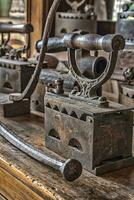 Ancient vintage irons for the clothes ironing. Vertical view photo