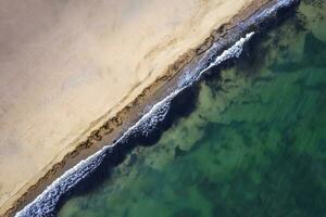 Top view aerial photo from flying drone of beautiful sea landscape with turquoise water with copy space for your advertising text message or promotional content. website background.