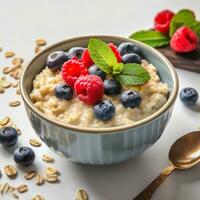 AI generated Dry rolled oatmeal with berries and fruits in bowl isolated on white background. photo