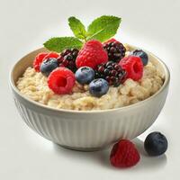 AI generated Dry rolled oatmeal with berries and fruits in bowl isolated on white background. photo