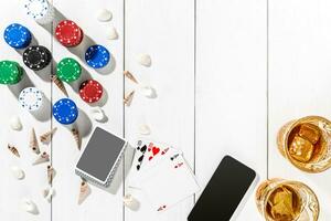 Post blog social media poker. Banner template layout mockup for online casino. Wooden white table, top view on workplace. photo