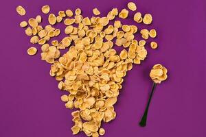 Cornflakes scattered on a purple background. Copy space photo