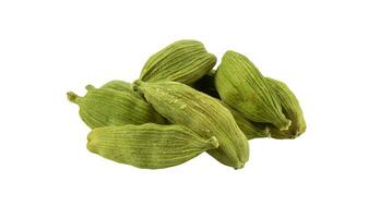 Green cardamom pods isolated on white background with copy space for text or images. Spices, food, cooking concept. Close-up shot. photo