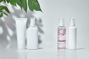 Cosmetic tube and three pump bottles with no logo standing on surface against white studio background and green branch. Close up, copy space photo