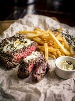 Healthy lean grilled medium-rare steak with french fries, beer photo