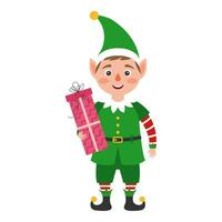 Christmas elf with gift present. Vector illustration.