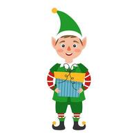 Christmas cute elf with a gift. Vector illustration.