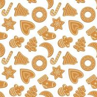 Gingerbread cookies with icing on a white background seamless pattern. Vector illustration