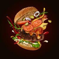 Tasty maxi burger with flying ingredients against brown background. Ham, beef cutlet, cheese, sauces, vegetables and greens. Close up, copy space photo