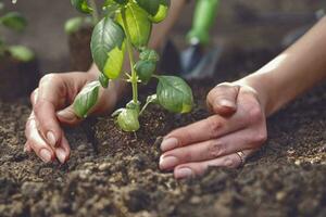 Hands of unknown lady are planting young green basil sprout or plant in fertilized ground. Sunlight, soil, small garden shovel. Close-up photo