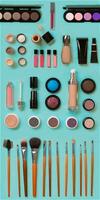 cosmetics for facial makeup brushes, powder, lipstick, eye shadow, trimmer and other accessories on blue background top view. photo