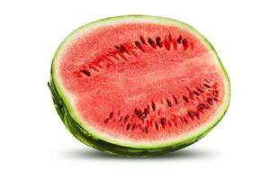 Half of green, striped watermelon isolated on white with copy space for text, images. Cross-section. Berry with pink flesh, black seeds. Close-up. photo