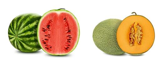 Green watermelon and cantaloupe melon with halves in cross-section, isolated on white, copy space. Juicy red and yellow flesh with seeds. Close-up. photo