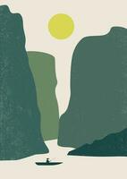 montañas puesta de sol minimalista estético ilustración póster. río y pescador vector