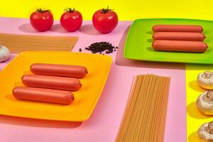 Sausages with tomatoes, mushrooms, spaghetti and garlic on a yellow and pink minimal background. Flat lay. Top view. photo