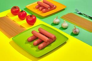 A lot of raw sausages on plate. On green and yellow background with pasta and vegetables, top view. photo