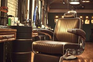 Brown leather chair in barbershop. Loft style photo