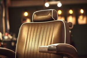Brown leather chair in barbershop. Loft style photo