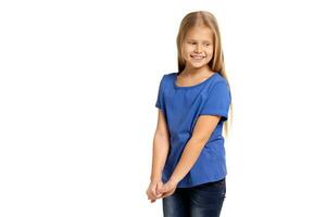 Portrait of adorable emotional little girl isolated on a white photo