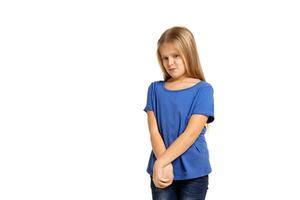 Portrait of adorable emotional little girl isolated on a white photo