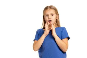 Portrait of adorable emotional little girl isolated on a white photo