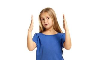 Portrait of adorable emotional little girl isolated on a white photo