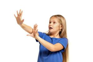 Portrait of adorable emotional little girl isolated on a white photo