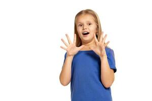 Portrait of adorable emotional little girl isolated on a white photo