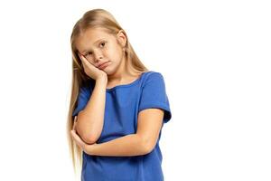 Portrait of adorable emotional little girl isolated on a white photo