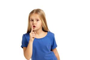 Portrait of adorable emotional little girl isolated on a white photo