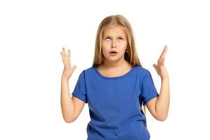 Portrait of adorable emotional little girl isolated on a white photo