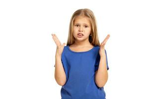 Portrait of adorable emotional little girl isolated on a white photo