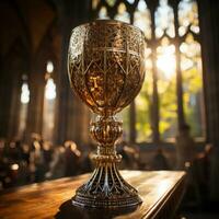 puesta de sol ver en Iglesia con cerca arriba de santo cáliz con personalizable espacio para texto o oraciones. foto