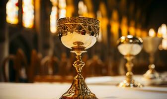 Close up of Holy Chalice with customizable space for text or prayers. photo