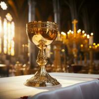 Golden Holy Chalice with customizable space for text or prayers. photo