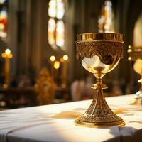 Golden Holy Chalice with customizable space for text or prayers. photo