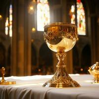 Golden Holy Chalice with customizable space for text or prayers. photo