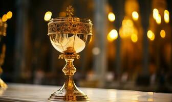 Close up of Holy Chalice with customizable space for text or prayers. photo