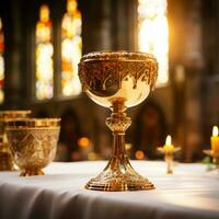 Golden Holy Chalice with customizable space for text or prayers. photo