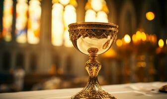 Close up of Holy Chalice with customizable space for text or prayers. photo
