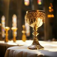 Close up of Holy Chalice with customizable space for text or prayers. photo