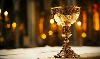 Close up of Holy Chalice with customizable space for text or prayers. photo