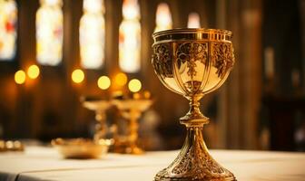 Close up of Holy Chalice with customizable space for text or prayers. photo