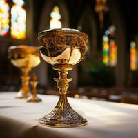 Close up of Holy Chalice with customizable space for text or prayers. photo