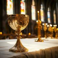 Close up of Holy Chalice with customizable space for text or prayers. photo