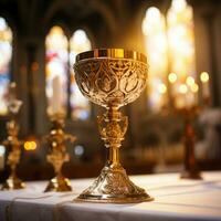 Sunset view in church with close up of Holy Chalice with customizable space for text or prayers. photo