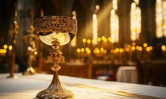 Sunset view in church with close up of Holy Chalice with customizable space for text or prayers. photo