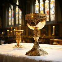 Golden Holy Chalice with customizable space for text or prayers. photo