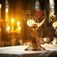 Close up of Holy Chalice with customizable space for text or prayers. photo